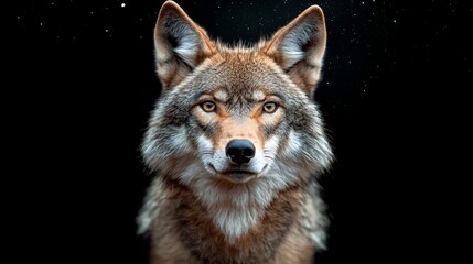Poster - Close-up portrait of an animal with intense gaze against a dark background. The animal's fur displays shades of brown and gray with sparkling particles. The focus is on the animal's face