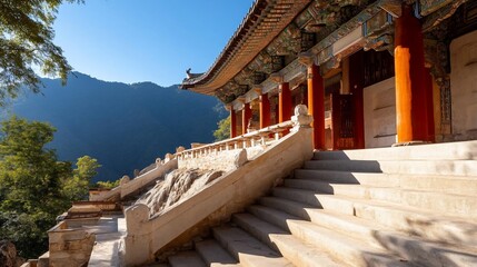 Poster - Exterior view of a traditional Asian temple with ornate architecture and vibrant colors. The temple is situated on a hillside with a mountainous backdrop under a clear blue sky