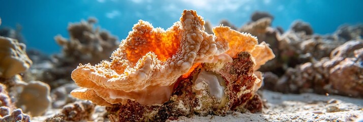 Aufkleber - Underwater scene featuring a vibrant coral formation illuminated by sunlight against a backdrop of the ocean floor and clear blue water. The image captures the natural beauty and color of marine