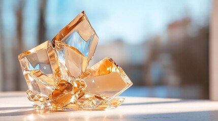 Poster - Generic crystalline structure with sharp angles reflects light against a blurred background evoking a sense of luxury and elegance. The object sits on a reflective surface with hints of blue and