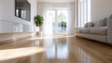 Aufkleber - A bright and airy interior features polished wooden floors a white sofa and sheer curtains that open to a sunlit balcony. Natural light floods the room enhancing the modern minimalist design