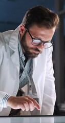 Aufkleber - Lab, scientist and man with interactive display, research or analysis on website or gene sequence. Clinic, medical professional and person with tech for forensic science, online or review of evidence