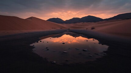 Poster - Generic landscape featuring a reflective pool mirroring the sunset sky.  Dark foreground leads to sand dunes under a colorful sky