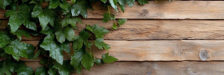 Poster - Close-up of lush green ivy leaves with water droplets cascading down over weathered wooden planks creating a beautiful and natural texture