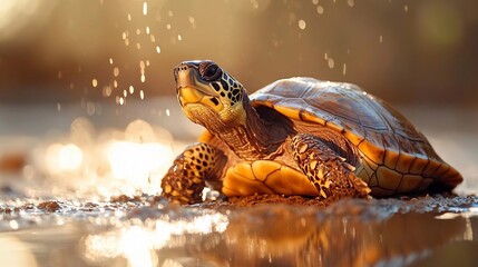 Aufkleber - A close-up view of a turtle on wet ground illuminated by warm sunlight and bokeh effects evoking a sense of tranquility and natural beauty