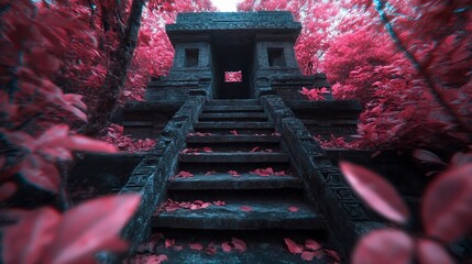 Poster - Mysterious ancient temple shrouded in vibrant pink foliage and a dramatic moody atmosphere. Stone steps lead to a dark entrance creating a sense of intrigue. Intense colors and textures create a