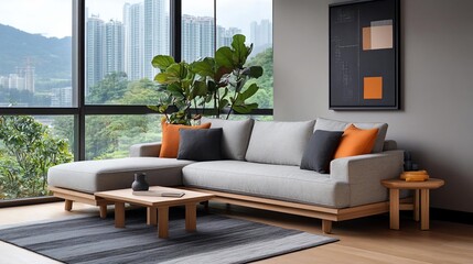 Poster - Modern living room interior with gray sofa and wooden coffee table and side table next to window looking out at cityscape. Decorative artwork and green plants are placed for the scene