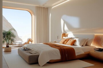 Poster - Luxurious bedroom with a neutral color palette featuring a large bed with orange accents against a backdrop of a desert landscape and bright sunlight
