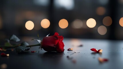 Aufkleber - A single red rose with water droplets lies on a dark reflective surface surrounded by scattered petals and soft bokeh lights. Dramatic lighting enhances the romantic and melancholic atmosphere