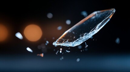 Poster - A close-up shot of a shard of shattered glass suspended mid-air against a blurred background, showcasing sharp edges and reflective qualities with bokeh effect