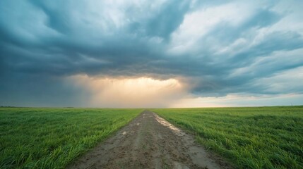 Poster - Dramatic landscape of a muddy road cutting through a vibrant green field under a dark, stormy sky with a glimpse of sunlight breaking through the clouds. Rain is falling