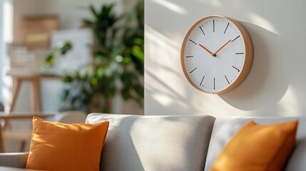 Poster - Interior scene featuring a wall clock above a sofa with orange cushions bathed in natural sunlight. A wooden side table and blurred background details evoke a cozy domestic atmosphere