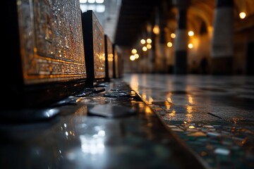 Leinwandbilder - Low angle shot inside generic building featuring patterned tile floor wet surface reflection and antique architectural details creating a sense of depth