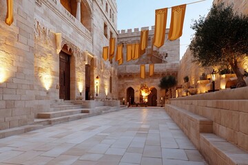 Aufkleber - Generic architecture with warm lighting and hanging banners creating a festive atmosphere. The scene features a courtyard, trees and a sky background
