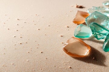 Aufkleber - Close up view of colorful glass pieces on sunlit sand. Soft lighting and shadows create a sense of calm and relaxation. Textural background
