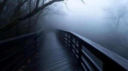 Aufkleber - Wooden bridge disappearing into dense fog surrounded by trees creating a mysterious and atmospheric scene in a forest. Moody lighting and muted colors enhance the tranquil environment