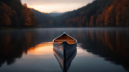 Poster - A solitary boat floats on a still lake reflecting the autumnal hues of surrounding trees and the soft glow of dawn or dusk in a serene natural landscape