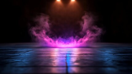 Aufkleber - Abstract stage illuminated with vibrant purple and pink smoke effect and glowing lights reflecting on the wet floor creating atmospheric depth and dramatic visual