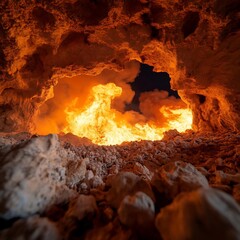 Poster - Fiery inferno erupting within a cave with rough rock formations and a dark night sky background intense heat and light