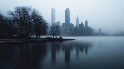 Aufkleber - A tranquil scene captures a cityscape reflected on a calm lake front with trees in silhouette adding depth and mood