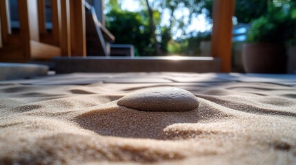 Poster - Close up shot of sand and a small stone illuminated by sunlight creating shadows with wooden structure and blurred background