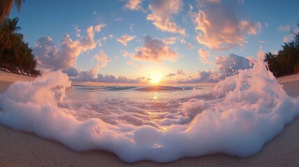 Poster - Ocean waves crashing on a sandy beach during sunset a visual of a beautiful scene. The sky is filled with clouds, and the colors reflect on the water surface. The lighting is soft and warm