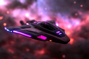 Aufkleber - Futuristic spaceship flying through a vibrant nebula illuminated with pink and blue lights creating a dramatic atmosphere