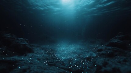 Fototapete - Underwater scene showcasing a turquoise-lit sea floor with dispersed particles under a dim blue ambiance. The scene is dark with scattered lights and a slightly blurred effect