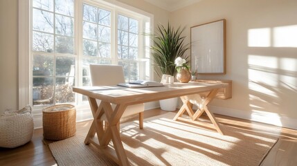 Poster - Bright interior office workspace with natural light and neutral tones. A wooden desk is set by a large window with views of nature. Decorative elements include a woven basket rug and artwork. Warm