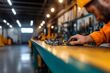 Aufkleber - A man in protective gear examines metallic components on a yellow table. The background features blurred machinery and warehouse interior with soft lighting