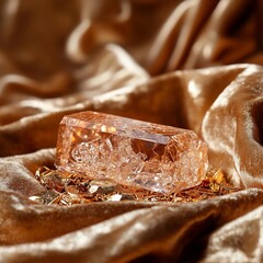 Poster - A sparkling crystal rests on luxurious golden fabric with scattered gold accents. The lighting highlights the textures and the richness of the scene