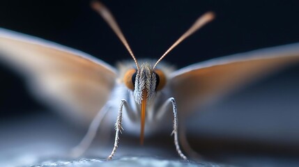 Poster - Close up macro shot of a butterfly with focus on the face and antennas. The butterfly has orange and white wings with detailed textures. The background is dark creating contrast with the light colors