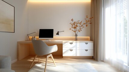 Poster - Cozy home office interior design with wooden desk chair computer and window light beige walls carpet and decorative items