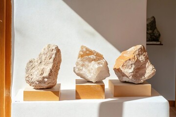 Fototapete - Three mineral specimens displayed on wooden blocks against a textured white wall under bright sunlight. The central mineral is crystalline with a warm glow