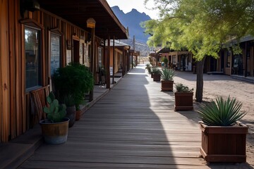 Aufkleber - A wooden walkway leads through a generic town with wooden buildings and potted plants under a clear sky casting warm sunlight on the scene