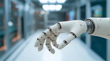 Poster - Robotic hand extending in a futuristic corridor with soft lighting and blurred background