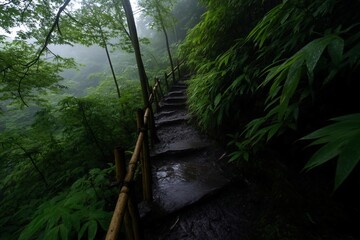 Aufkleber - Stone stairway ascends through dense green foliage in a misty forest environment featuring wet conditions and natural lighting