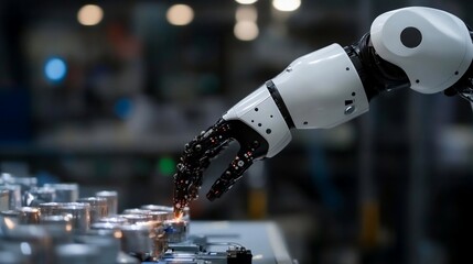 Leinwandbilder - A robotic arm with a white and black design interacts with metallic components in an industrial setting with blurred background and artificial lights