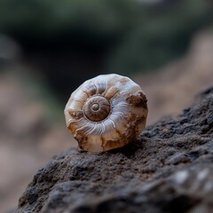 Aufkleber - Close up of a snail shell on a textured dark rock outdoors. The shell shows a detailed spiral pattern and varied brown and white tones. The background is a blurred green