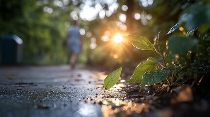 Aufkleber - Sunlight illuminates leaves and a path with a blurred figure in the background after a rain shower