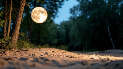 Aufkleber - A low-angle shot depicts a moonlit forest path with a bright full moon. The ground is sandy and illuminated. Trees form a dark green backdrop