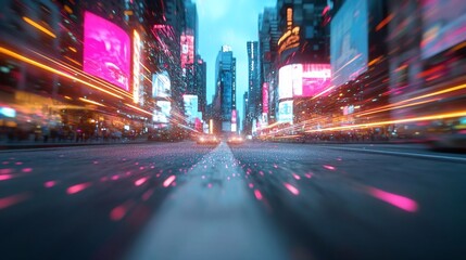 Aufkleber - Abstract urban cityscape at night with blurred motion trails of lights and vehicles. Futuristic neon lights illuminate tall structures. Long exposure photography emphasizes speed and movement