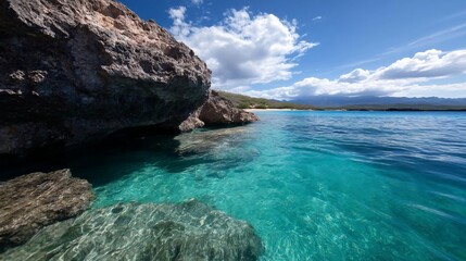 Poster - Scenic coastal view featuring clear turquoise water adjacent to rocky formations under a vibrant blue sky with fluffy white clouds. A distant shoreline is visible