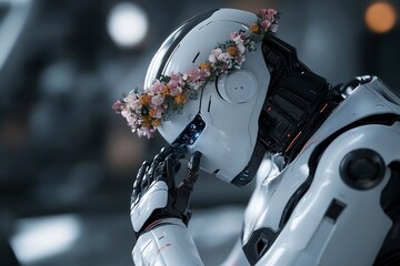 Poster - Close-up of a futuristic robot adorned with a floral crown against a blurred industrial backdrop in cool tones. The robot's hand touches its face, suggesting introspection