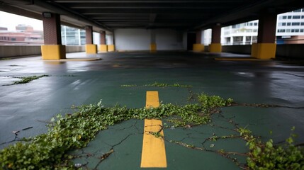 Poster - Empty parking garage interior with green floor yellow lines and scattered foliage natural light creates moody urban scene