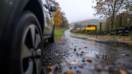 Aufkleber - a wet road curves through a misty landscape with a parked vehicle in the foreground featuring wheel 