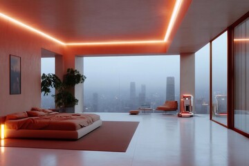 Poster - Modern minimalist bedroom with panoramic city view featuring orange ambient lighting and a neutral color palette. Bed with orange linens and a comfortable seating area