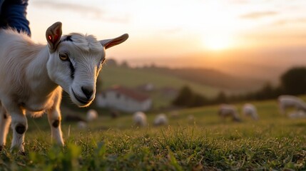 Aufkleber - A white and black animal in a green grassy field at sunset. The sun is setting behind a mountain in the background. The sky is orange and yellow. The lighting is warm and soft