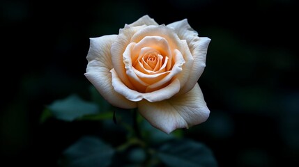Poster - Close-up of a single rose showcasing delicate peach and cream petals with a dark blurred background