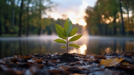 Poster - Close-up of a small plant with green leaves growing in dark soil with a blurred lake and forest in the background sunlight shining through trees creating a tranquil atmosphere